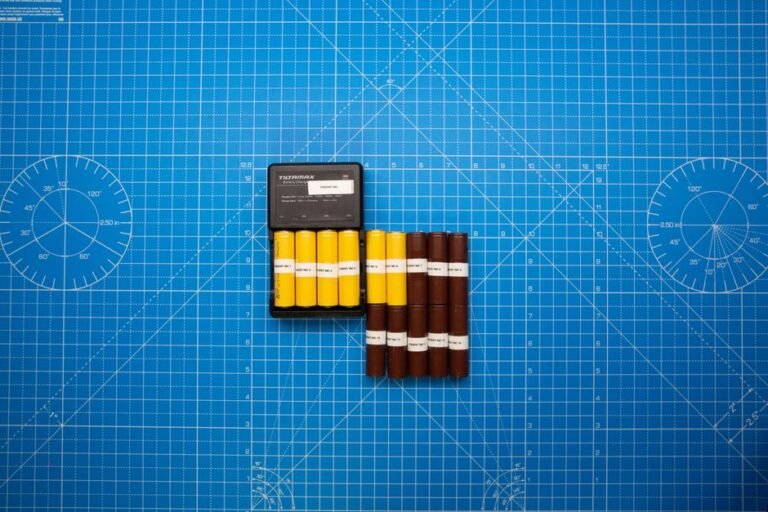 A cylindrical lithium-ion cell next to a spec sheet showing charge and discharge ratings