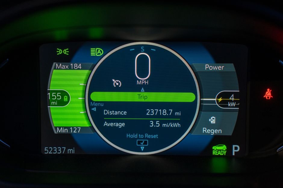 Close-up of an electric car's instrument display showing remaining range and battery level